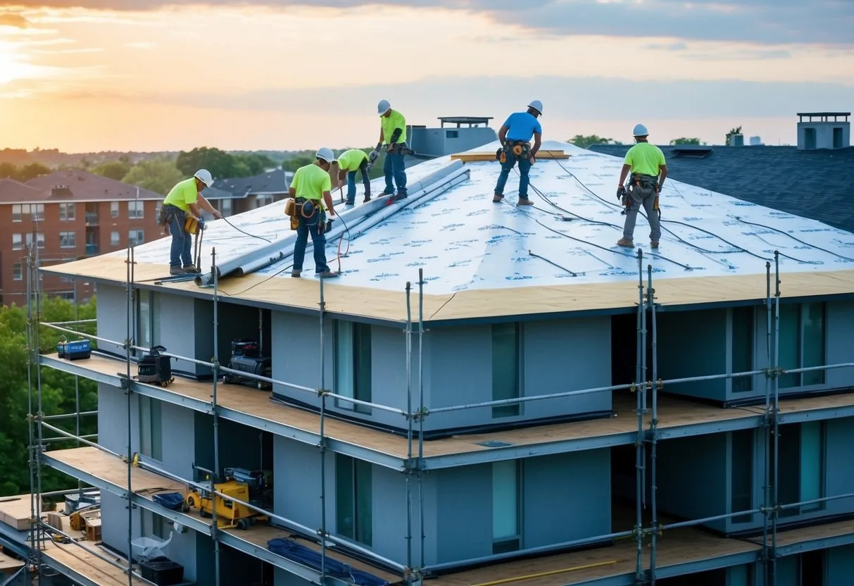 A team of workers installing a new roof on a large apartment building surrounded by scaffolding and equipmentEn gruppe arbejdere installerer et nyt tag på en stor lejlighedsbygning omgivet af stilladser og udstyr